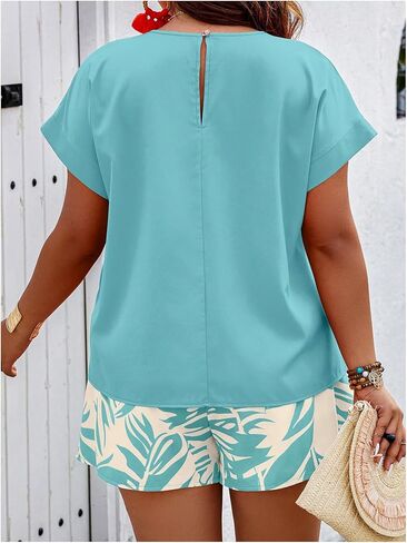 Women's 2 Piece Outfits Plus Size Short Sleeve Crew Neck Tee Tops and Tropical Printed Shorts Set in Saudi Arabia