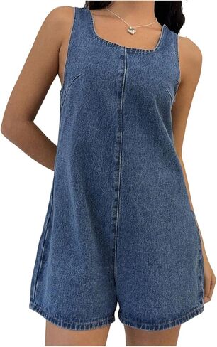 OYOANGLE Women's Sleeveless Denim Romper Backless Wide Leg Shorts Jean Jumpsuits Overalls in Saudi Arabia