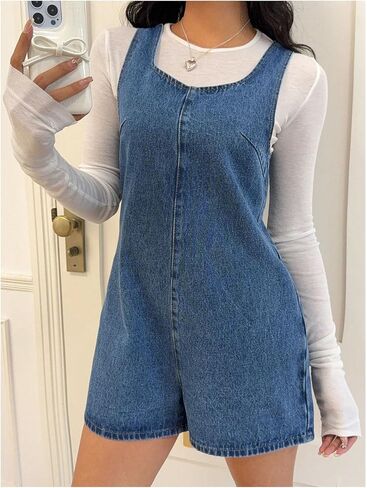 OYOANGLE Women's Sleeveless Denim Romper Backless Wide Leg Shorts Jean Jumpsuits Overalls in Saudi Arabia
