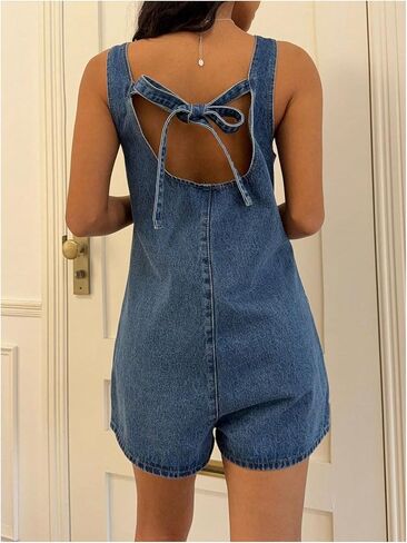 OYOANGLE Women's Sleeveless Denim Romper Backless Wide Leg Shorts Jean Jumpsuits Overalls in Saudi Arabia