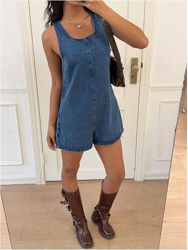 OYOANGLE Women's Sleeveless Denim Romper Backless Wide Leg Shorts Jean Jumpsuits Overalls in Saudi Arabia