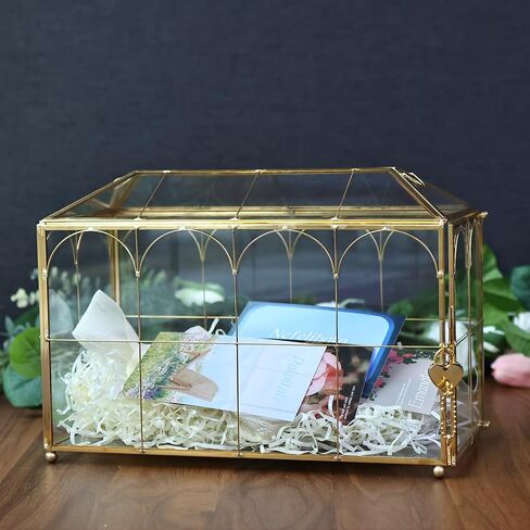 HighFree Glass Wedding Card Box with Lock, Gold Clear Card Box, Decorative Gift Card Box for Baby Shower, Birthday Party, Bridal Shower (With Arch, Medium) in Saudi Arabia