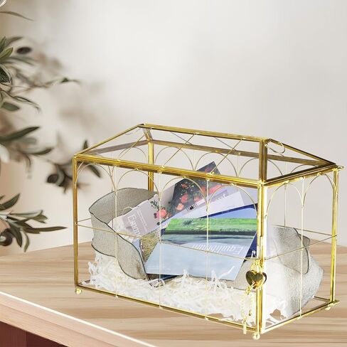 HighFree Glass Wedding Card Box with Lock, Gold Clear Card Box, Decorative Gift Card Box for Baby Shower, Birthday Party, Bridal Shower (With Arch, Medium) in Saudi Arabia