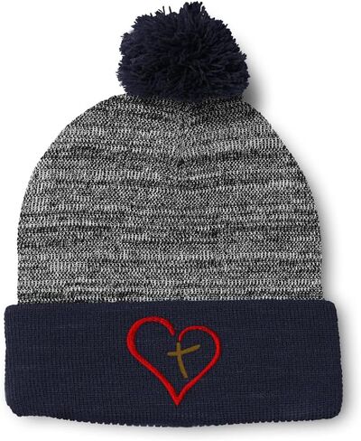 Custom Pom Pom Beanies for Women Christian Cross Inside Heart Embroidery Skull Cap Christian Acrylic 1 Size in Saudi Arabia