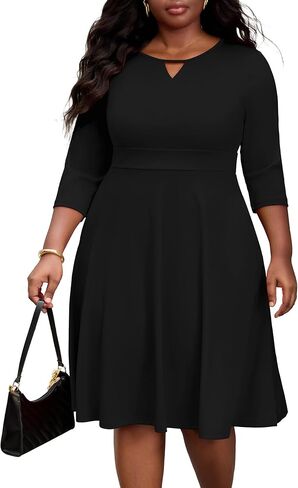 Nmoder Womens Plus Size Cocktail Dress 3/4 Sleeve Church Dresses for Women Midi Work Crewneck Dress with Pockets in Saudi Arabia