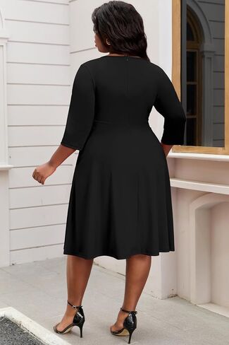 Nmoder Womens Plus Size Cocktail Dress 3/4 Sleeve Church Dresses for Women Midi Work Crewneck Dress with Pockets in Saudi Arabia