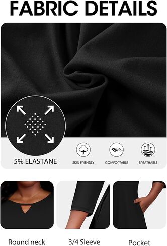 Nmoder Womens Plus Size Cocktail Dress 3/4 Sleeve Church Dresses for Women Midi Work Crewneck Dress with Pockets in Saudi Arabia