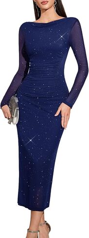 HomRain Women's Sequin Mesh Maxi Dress Long Sleeve Bodycon Dresses for Fall Party Holiday Club Outfit in Saudi Arabia