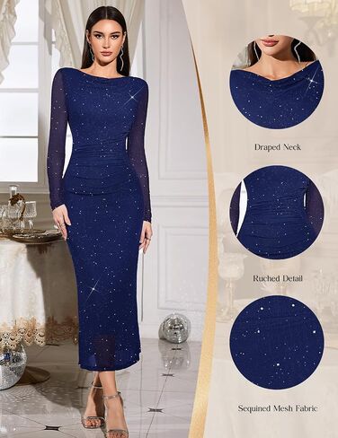 HomRain Women's Sequin Mesh Maxi Dress Long Sleeve Bodycon Dresses for Fall Party Holiday Club Outfit in Saudi Arabia
