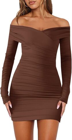 Women's Sexy Off The Shoulder Long Sleeve Bodycon Ruched Cocktail Party Mini Dresses in Kuwait