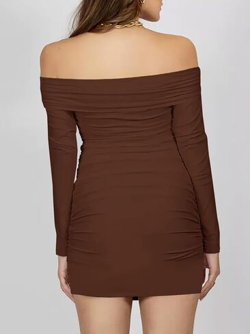 Women's Sexy Off The Shoulder Long Sleeve Bodycon Ruched Cocktail Party Mini Dresses in Kuwait