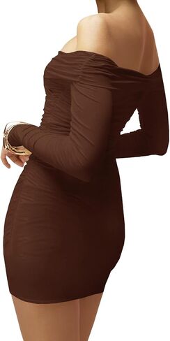 Women's Sexy Off The Shoulder Long Sleeve Bodycon Ruched Cocktail Party Mini Dresses in Kuwait