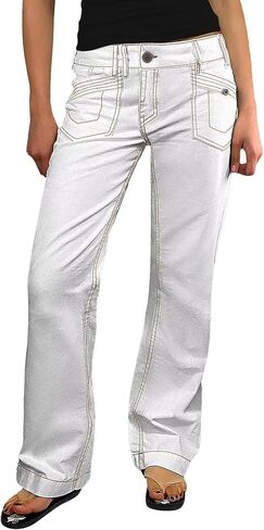 Flamingals Straight Leg Pants for Women Contrast Stitch Patch Pocket Mid Rise Pants in Kuwait