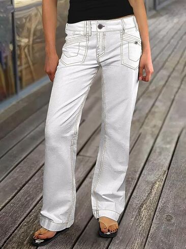 Flamingals Straight Leg Pants for Women Contrast Stitch Patch Pocket Mid Rise Pants in Kuwait