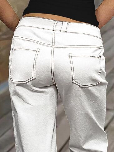 Flamingals Straight Leg Pants for Women Contrast Stitch Patch Pocket Mid Rise Pants in Kuwait