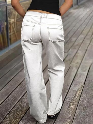 Flamingals Straight Leg Pants for Women Contrast Stitch Patch Pocket Mid Rise Pants in Kuwait