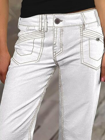 Flamingals Straight Leg Pants for Women Contrast Stitch Patch Pocket Mid Rise Pants in Kuwait