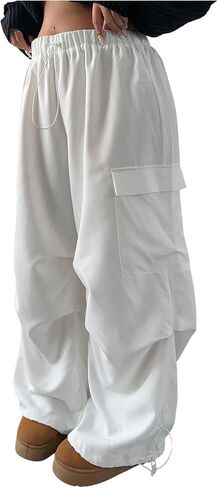 Women's Plus Size Cargo Pants Drawstring Waist Wide Leg Loose Parachute Trousers with Pockets in Saudi Arabia