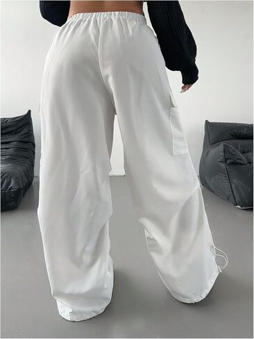 Women's Plus Size Cargo Pants Drawstring Waist Wide Leg Loose Parachute Trousers with Pockets in Saudi Arabia