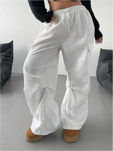 Women's Plus Size Cargo Pants Drawstring Waist Wide Leg Loose Parachute Trousers with Pockets in Saudi Arabia