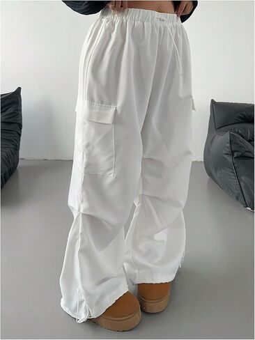 Women's Plus Size Cargo Pants Drawstring Waist Wide Leg Loose Parachute Trousers with Pockets in Saudi Arabia