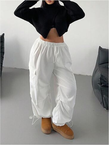 Women's Plus Size Cargo Pants Drawstring Waist Wide Leg Loose Parachute Trousers with Pockets in Saudi Arabia