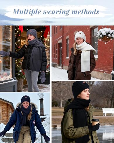 Hat Gloves Scarf Set for Women, Winter Knit Beanie Fleece-lined Touch Screen Gloves Long Scarve 3 in 1 Set Gift for Women in Kuwait
