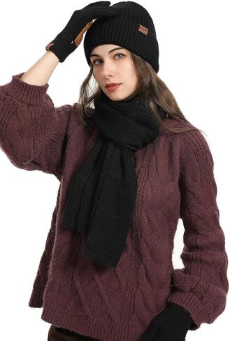 Hat Gloves Scarf Set for Women, Winter Knit Beanie Fleece-lined Touch Screen Gloves Long Scarve 3 in 1 Set Gift for Women in Kuwait