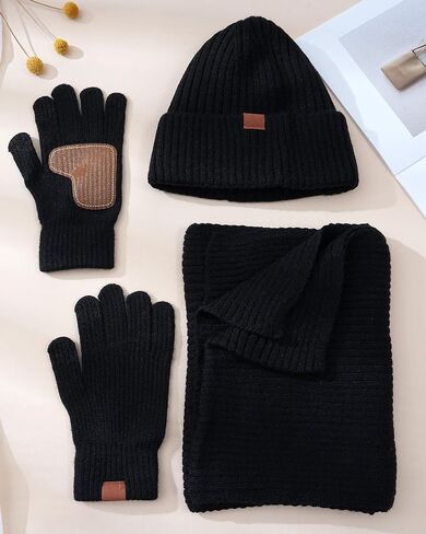 Hat Gloves Scarf Set for Women, Winter Knit Beanie Fleece-lined Touch Screen Gloves Long Scarve 3 in 1 Set Gift for Women in Kuwait