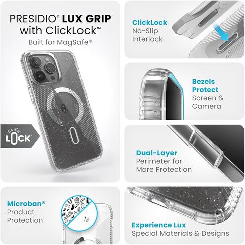 Speck Clear iPhone 15 Case - ClickLock No-Slip Interlock, Built for MagSafe, Drop Protection - for iPhone 15, iPhone 14 & iPhone 13 - Anti-Yellowing 6.1 Inch Phone Case - Presidio Clear/Chrome in Saudi Arabia