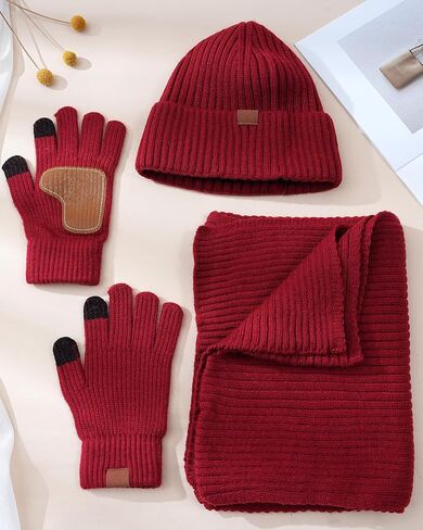 Hat Gloves Scarf Set for Women, Winter Knit Beanie Fleece-lined Touch Screen Gloves Long Scarve 3 in 1 Set Gift for Women in Kuwait