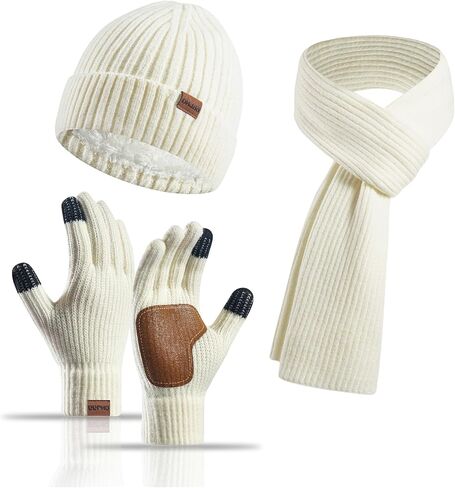 Hat Gloves Scarf Set for Women, Winter Knit Beanie Fleece-lined Touch Screen Gloves Long Scarve 3 in 1 Set Gift for Women in Kuwait