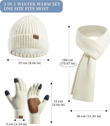 Hat Gloves Scarf Set for Women, Winter Knit Beanie Fleece-lined Touch Screen Gloves Long Scarve 3 in 1 Set Gift for Women in Kuwait
