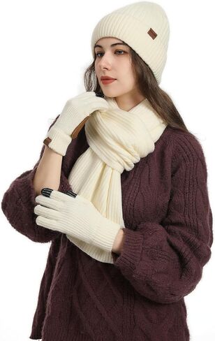 Hat Gloves Scarf Set for Women, Winter Knit Beanie Fleece-lined Touch Screen Gloves Long Scarve 3 in 1 Set Gift for Women in Kuwait