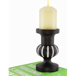 Black Worn Pillar Candle Holder - Rustic Wooden Farmhouse Candlestick Holders for - 2 Piece Set