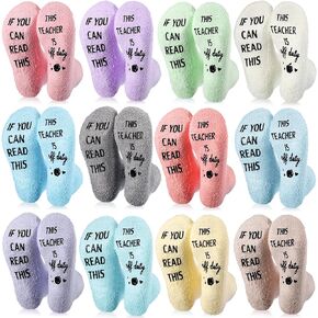 12 Pairs Funny Teacher Socks Graduation Novelty Socks Gifts for Women, If You Can Read This Teacher Is off Duty Winter Fuzzy Socks for Teacher's Day Birthday Appreciation Gift, 12 Colors