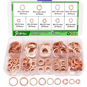 188PCS Copper Metric Flat Washers Assortment Kit Sealing Washers 9 Sizes（M5 M6 M8 M10 M12 M14）P-M1-063
