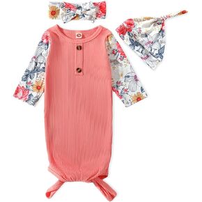 Kislio Newborn Baby Girls Boy Knotted Gown Floral Nightgown Sleeper Gown Swaddle Headband Hat Coming Home Outfit Set in Kuwait