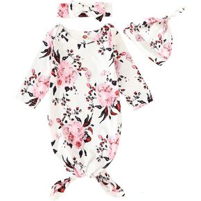 Kislio Newborn Baby Girls Boy Knotted Gown Floral Nightgown Sleeper Gown Swaddle Headband Hat Coming Home Outfit Set in Kuwait