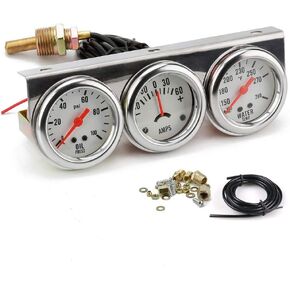 2" 52mm Chrome Panel 3in1 Car Meter Oil Pressure Fahrenheit Water Temp Ammeter Triple Gauge Kit Set White Face