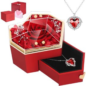 Preserved Red Real Rose with Necklace Forever Flowers Diamond Shaped Box for Mom Wife Girlfriend Grandma on Mothers Day Birthday Valentines Christmas Anniversary Beatiful Gifts for Women…