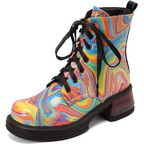 Women's Colorful Combat Ankle Boots Round Toe Platform Lace Up Ankle Boots Sparkly Ankle Boots