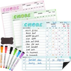 MaxGear Magnetic Chore Chart for Multiple Kids - 3 Pcs - Dry Erase Chore Chart Board for Kids with 6 Markers and 1 Eraser, 10 x10 Chore List Fridge Reward Whiteboard for Teens, Adults, Family