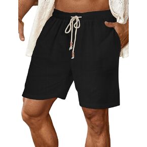 Men's Linen Flat Front Shorts Casual Elastic Waist Drawstring Summer Beach Shorts with Pockets