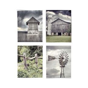 Farmhouse Home Decor Barn, Fence and Windmill Prints - Set of 4 - Not Framed - Grey, Green (4 5x7 Prints Only)