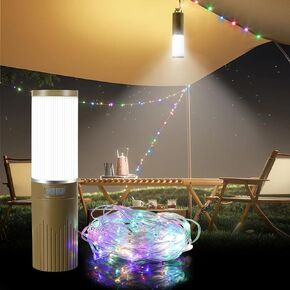 Camping Lantern with 49.2FT String, 2 in 1 Outdoor Warm White String Lights with 4 Modes & 5 Modes Rechargeable Camping Lamp IPX4 Waterproof Portable LED Tent Light for Outdoor Yard Garden Decoration