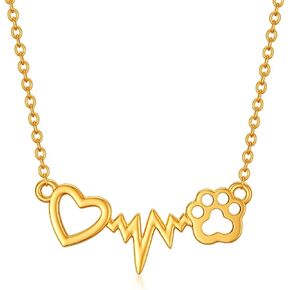 SISGEM 14K Real Gold Dog Paw Heartbeat Necklace for Women,Yellow Gold Cute Puppy Heart Pendant Necklaces Jewelry Birthday Gifts for Dog Lovers Pets Owners Veterinarian 16''+2''