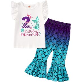 IZYJOY Birthday Mermaid Outfit Toddler Baby Girl 1st 2nd 3rd Ruffle Sleeve Romper Top Flared Pant Set Summer Clothes