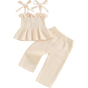 Toddler Baby Girl Summer 2Pcs Outfit Set Sleeveless Ruffle Crop Top with Cotton Linen Pants Solid Color Clothes