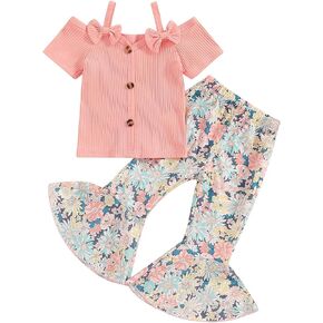 Fernvia Toddler Baby Girl 2Pcs Summer Clothes Set Cold Shoulder Knit Ribbed Tops Floral Bell Bottom Outfits 1-6T